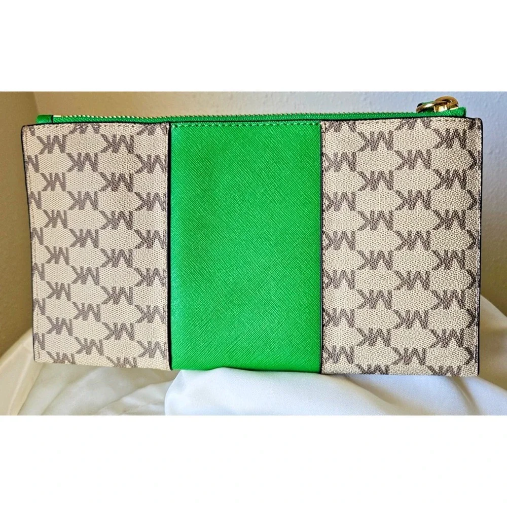 Michael Kors Jet Set LARGE Wristlet/Clutch Green with Beige MK Monogram, 10x5.5
